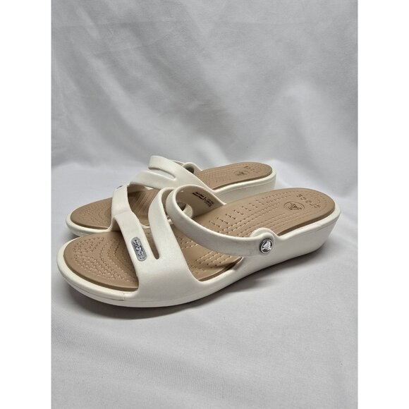 Crocs Patricia Wedge Strappy Slide Slip On Sandals Womens Size 6 White/Tan - Picture 4 of 10